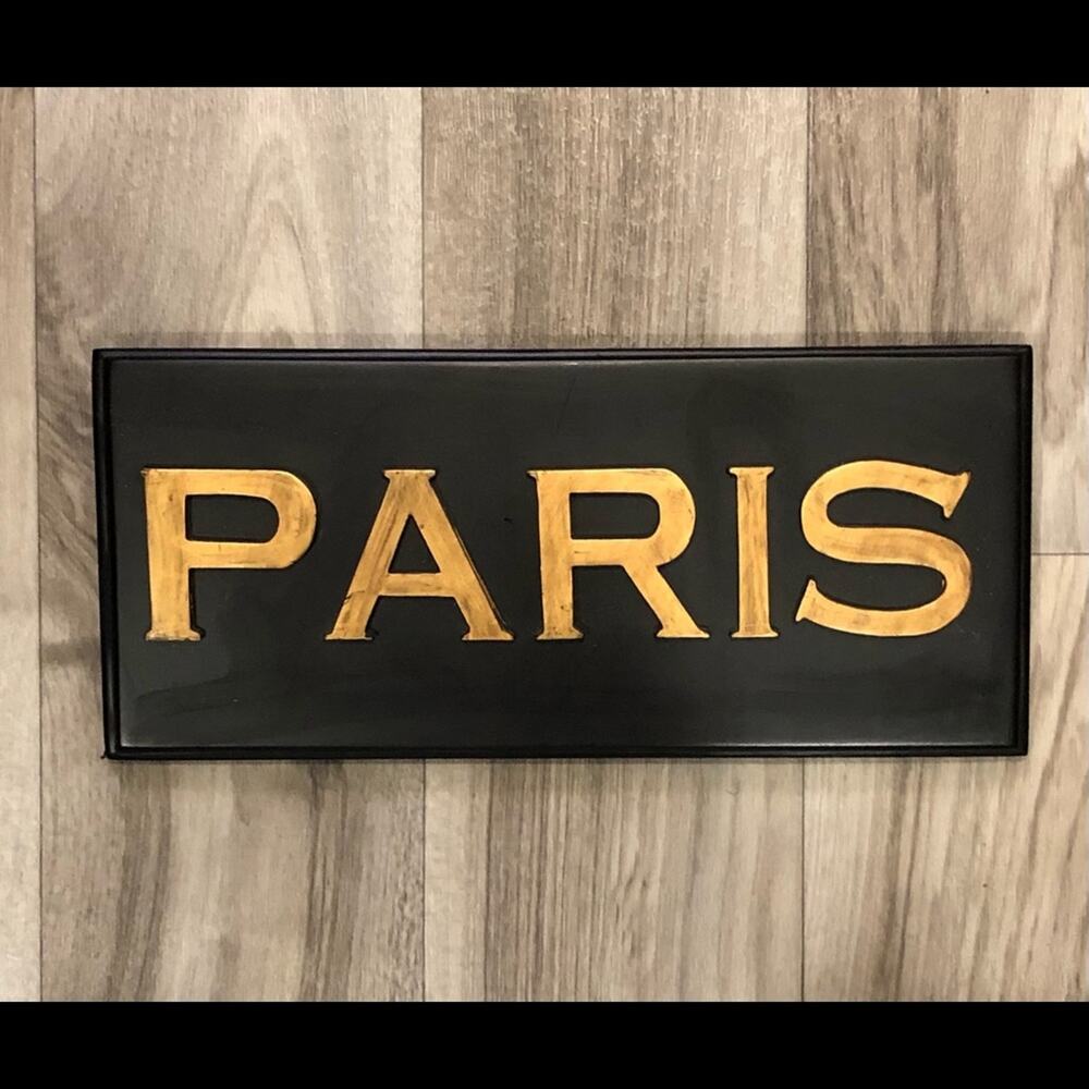 PARIS Black Wall Plaque with Antique Gold Raised‎ Lettering 12” x 5”